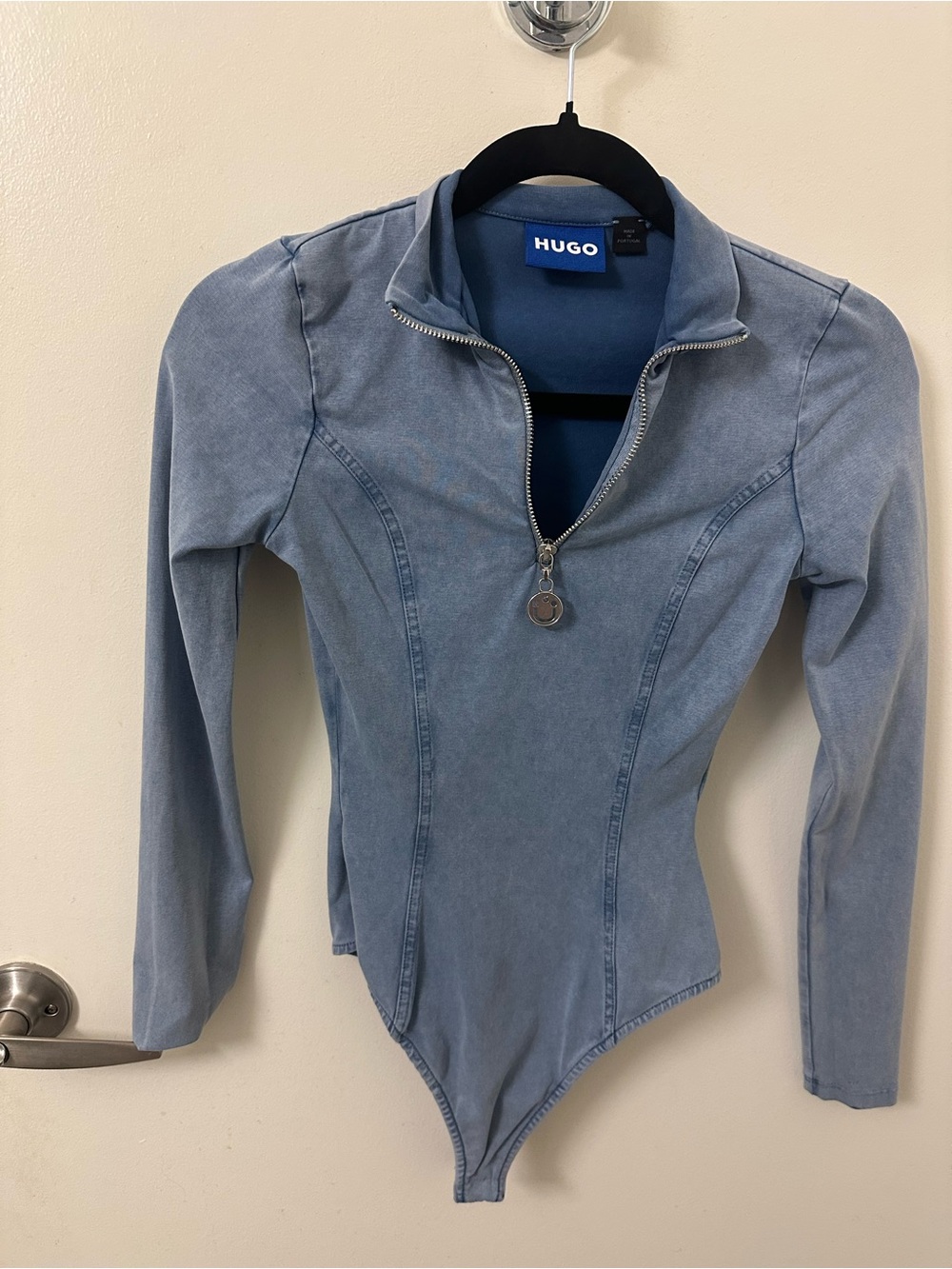 HUGO Light Blue Long-Sleeve Zip Front One-Piece Bodysuit